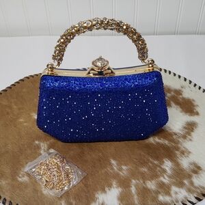 Royal Blue Gold Clutch Rhinestone Handle Bag New